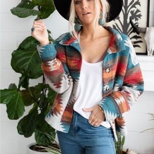 Distressed Aztec Button Down Casual Jacket